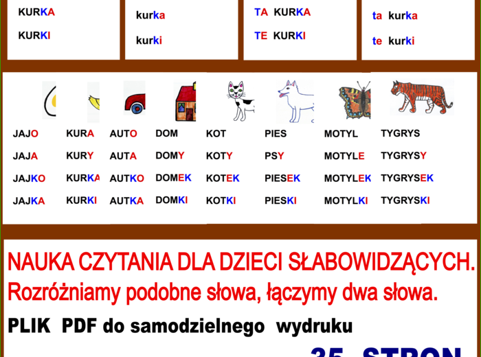 NAUKA CZYTANIA DLA DZIECI SŁABOWIDZĄCYCH. Rozróżniamy podobne słowa, łączymy dwa słowa. PLIK PDF do samodzielnego wydruku .