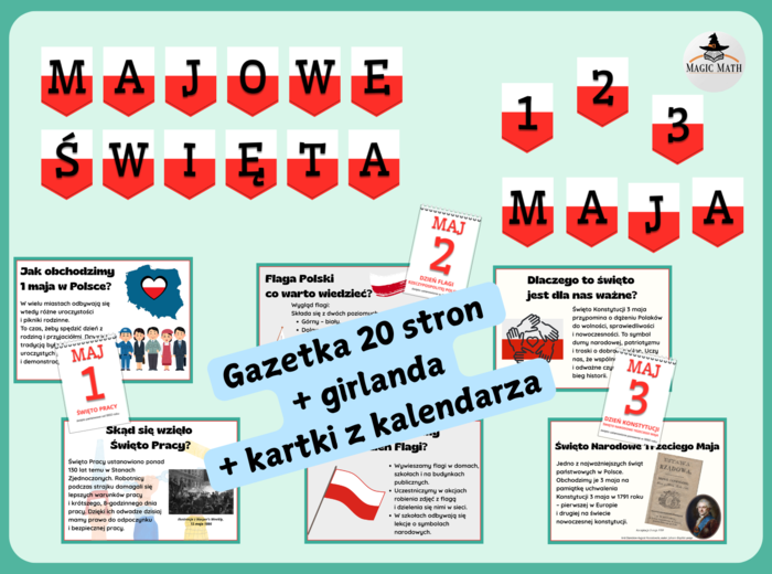 ŚWIĘTA MAJOWE - GAZETKA I GIRLANDA, Święto Pracy, Dzień Flagi, Dzień Konstytucji - ZESTAW