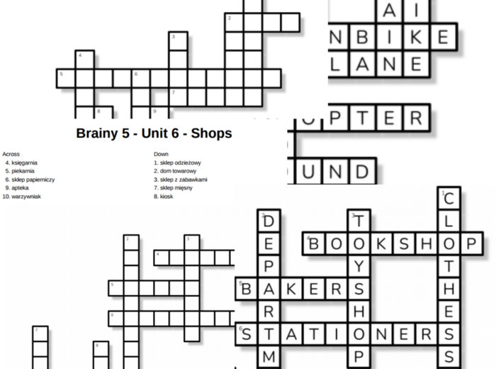 Brainy 5 – Unit 6 – krzyżówki – Means of transport/Shops/Useful!_Clothes sizes