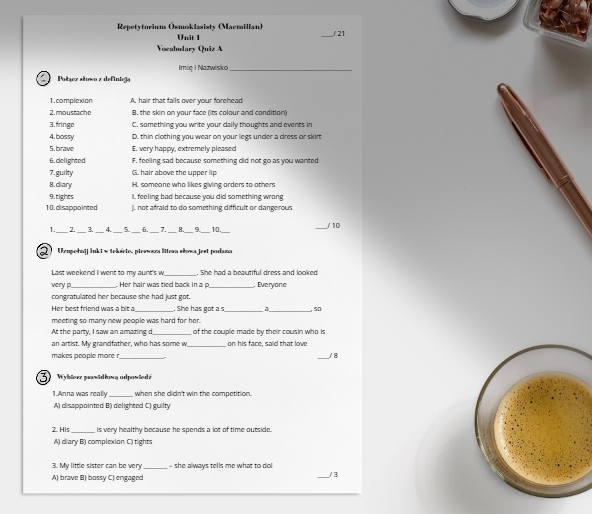 Repetytorium Ósmoklasisty - Unit 1 Człowiek - Short Tests (Vocabulary and Grammar) - Kartkówki - powtórzenie słownictwa - powtórzenie gramatyki