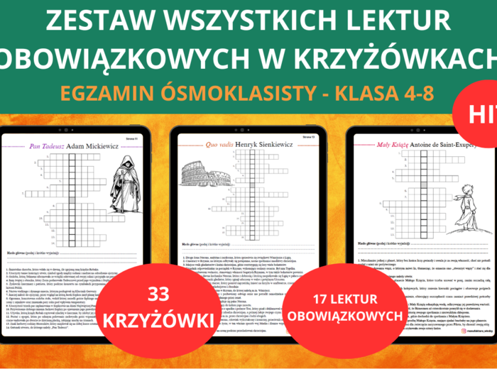 Krzyżówki z lektur obowiązkowych – 33 krzyżówki | Lektury obowiązkowe | Powtórka do egzaminu ósmoklasisty | Sprawdzian, kartkówka, praca na lekcji, karty pracy | Pan Tadeusz, Quo vadis, Syzyfowe prace, Kajko i Kokosz, Chłopcy z Placu Broni