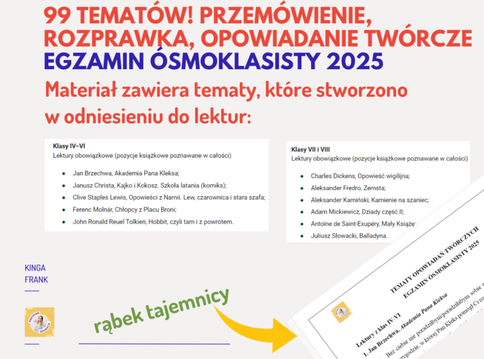 99 tematów ROZPRAWEK, OPOWIADAŃ TWÓRCZYCH, PRZEMÓWIEŃ - egzamin ósmoklasisty 2025