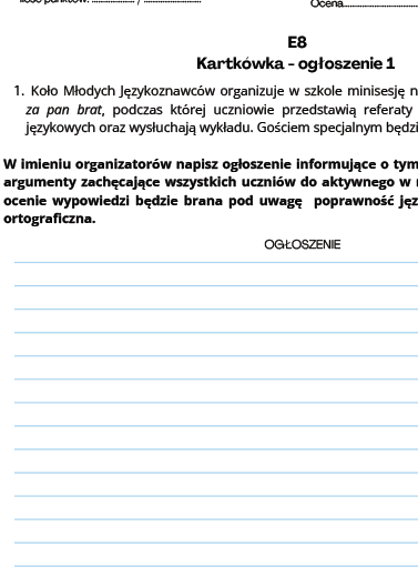 Ogłoszenie 1 - kartkówka, egzamin ósmoklasisty