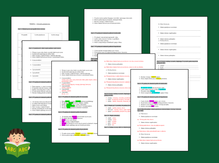 WIOSNA - ćwiczenia gramatyczne - GRAMATYKA - części mowy - części zdania - składnia - kl. 4-6 - karta pracy + ODPOWIEDZI