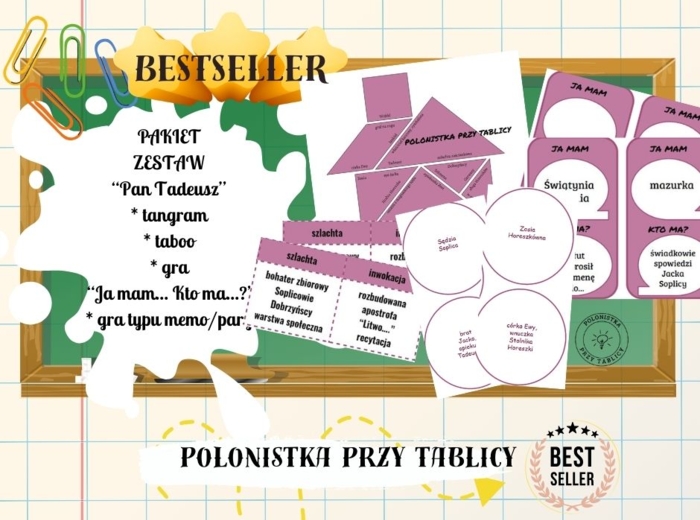 pakiet zestaw "Pan Tadeusz" pary (gra typu memo), tangram, taboo, "Ja mam... kto ma...?"