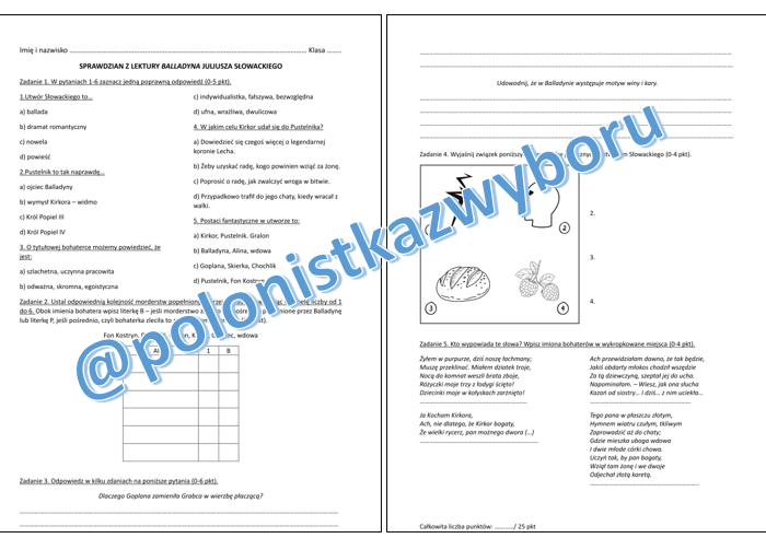 Sprawdzian z lektury Balladyna Juliusza Słowackiego + odpowiedzi