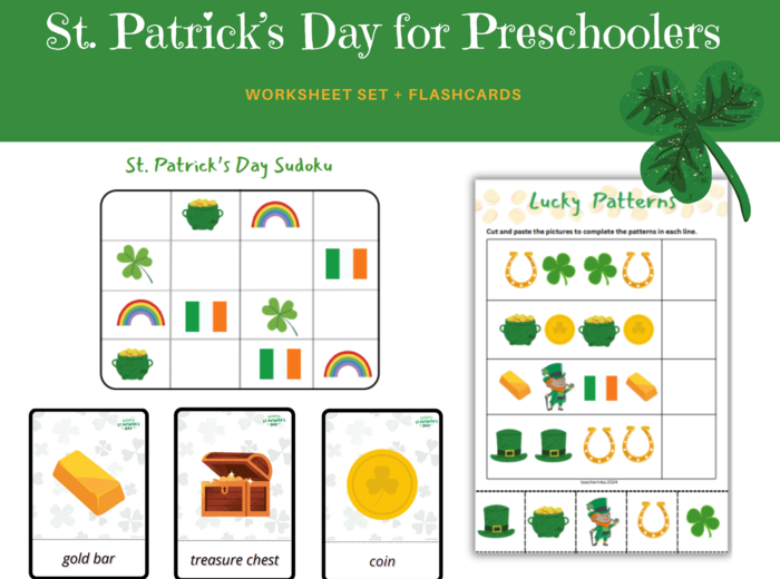 Saint Patrick for Preschoolers - Święty Patryk dla przedszkolaków - zestaw kart pracy słownictwo, sudoku, gra I Spy, labirynt, liczenie do 10, wzory, what comes next, dodatkowo karty obrazkowe