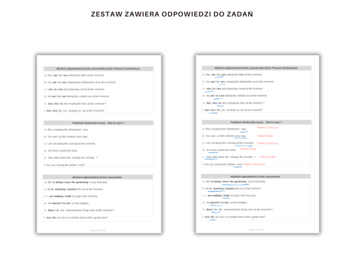 Karty pracy leksykalno-gramatyczne do rozróżniania czasów Present Simple i Continuous