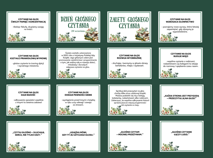 DZIEŃ GŁOŚNEGO CZYTANIA – gazetka – biblioteka – ZALETY GŁOŚNEGO CZYTANIA – dekoracja - wersja 2