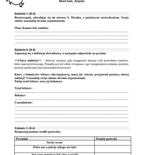 Test sprawdzający z lektury "Artysa"