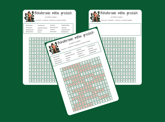 BOHATEROWIE MITÓW GRECKICH - mity - mitologia - wykreślanka
