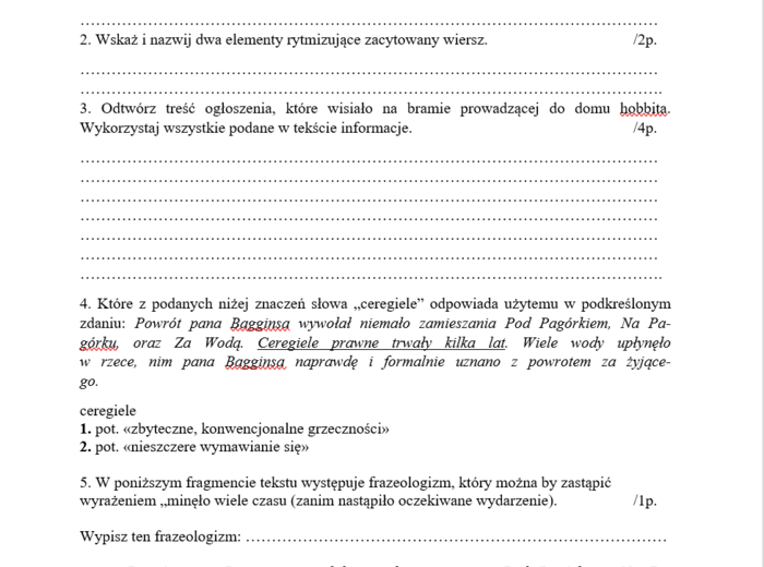 "Hobbit" - czytanie ze zrozumieniem (karta pracy)
