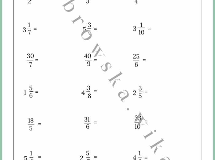 Zamiana na ułamek niewłaściwy i wyciąganie całości - karta pracy