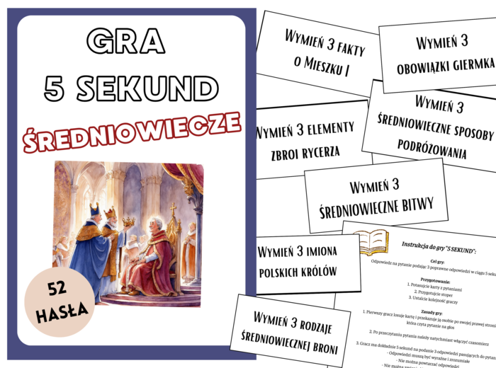 5 Sekund ŚREDNIOWIECZE, 52 HASŁA – Edukacyjna Gra Towarzyska dla Szkół | Wiedza o ŚREDNIOWIECZU w Dynamicznej Formie/GRYWALIZACJA