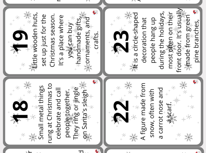 WHITE & BLACK CHRISTMAS CHALLENGE klasy 4-8 - PLIK CZARNO-BIAŁY -*GRY*31 Flashcards* Zagadki* Karty pracy* Kolorowanki*- OGARNIJ ŚWIĘTA JEDNYM PLIKIEM 50str.