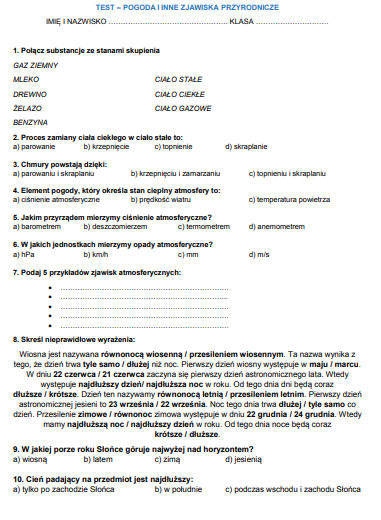 Pogoda i inne zjawiska - karta pracy / sprawdzian