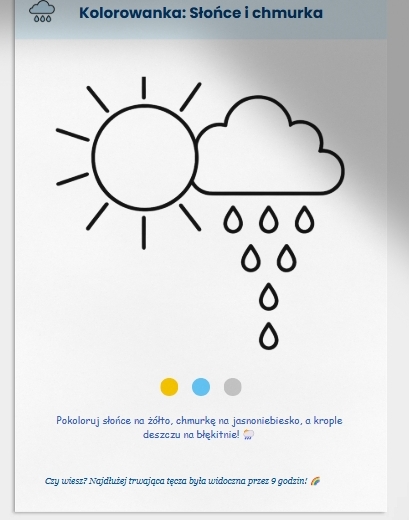 Karty pracy: kolorowanki związane z pogodą, labirynty, łączenie kropek.