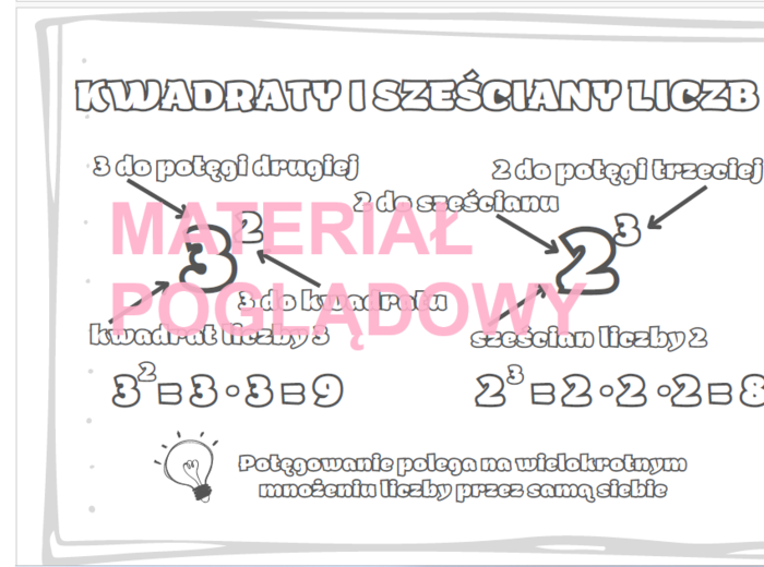 Kwadraty i sześciany liczb - notatka i karta pracy kl. 4, 5, 6