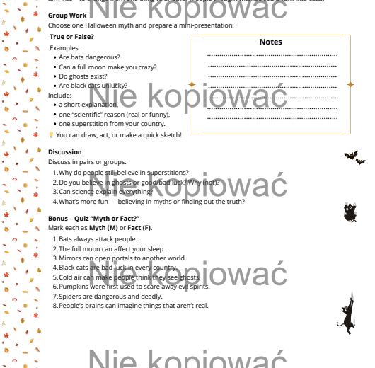 Karta pracy z czytanką "Halloween Myths Debunked" B1