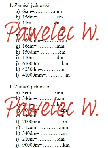 Jednostki długości, zamiana jednostek - kartkówka, dwie grupy