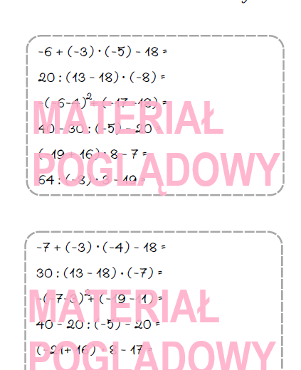 Szybkie karteczki – dodawanie, odejmowanie, mnożenie, dzielenie liczb całkowitych, działania na liczbach wymiernych (karta pracy, kartkówka kl 4, 5, 6, 7, 8)