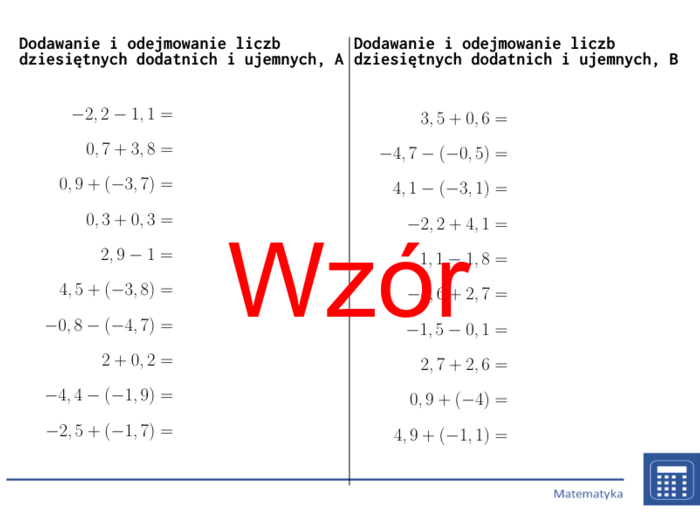 Dodawanie i odejmowanie liczb dziesiętnych dodatnich i ujemnych | matematyka | 26 kolumn