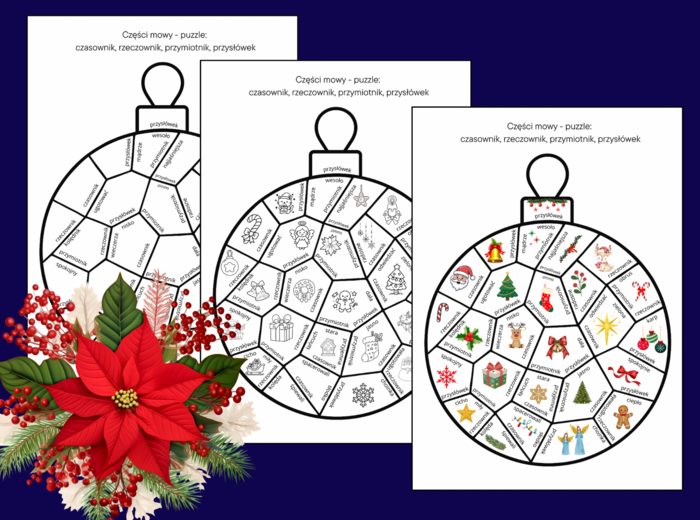 🎄 Świąteczne puzzle – Bombki: części mowy (czasownik, rzeczownik, przymiotnik, przysłówek)🎄