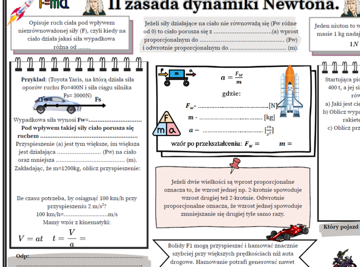 II zasada dynamiki Newtona; karta pracy; fizyka, SP.