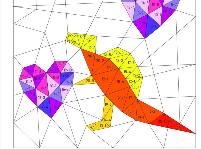 Odejmowanie w zakresie 20 , kolorowanka po numerach, dinozaury, walentynki