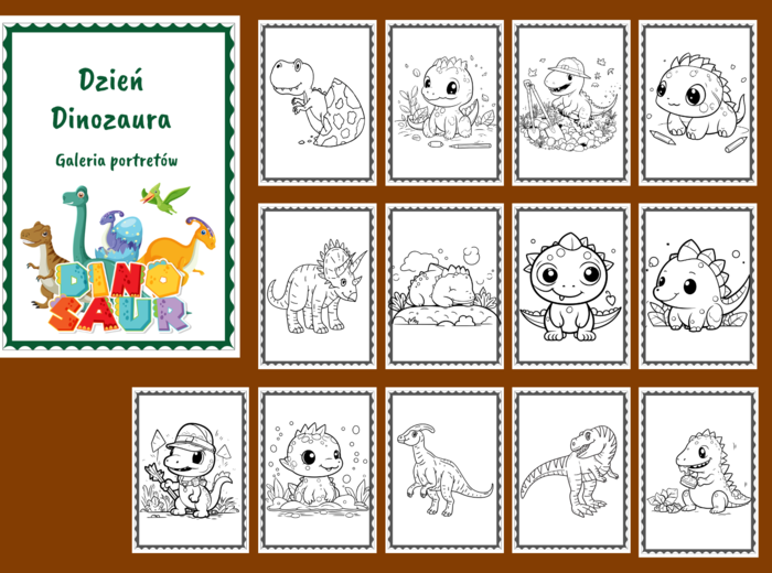 DZIEŃ DINOZAURA – Galeria portretów – kolorowanka – kolorowanki – biblioteka – świetlica – przedszkole – 27 wersji