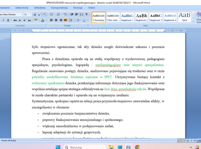 Sprawozda nienauczyciela WSPÓŁORGANIZUJĄCEGO dla ucznia z wadą słuchu/ słabosłyszenienim