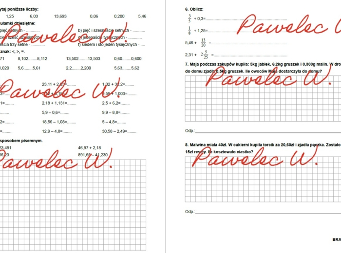 UŁAMKI DZIESIĘTNE dodawanie i odejmowanie - zadania, karta pracy, sprawdzian, kl 5, 6