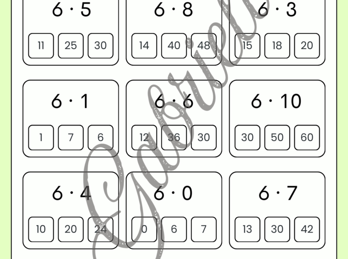Karta pracy - mnożenie przez 6,7,8 oraz 9.