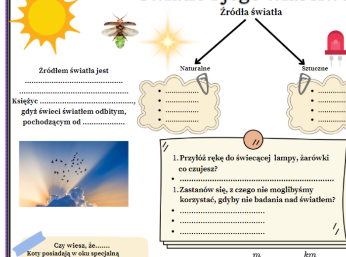 Fizyka kl.8 (SP) Temat: Światło i jego właściwości (2 karty , jedna wykropkowana, druga uzupełniona)