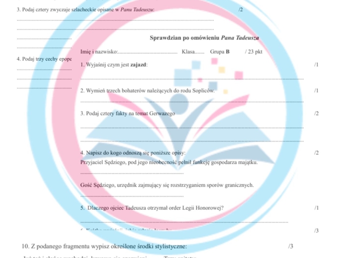 Sprawdzian po omówieniu Pana Tadeusza