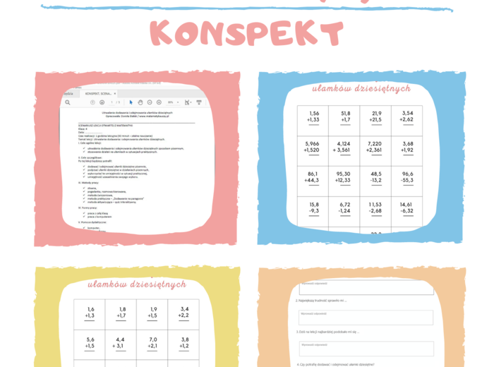 Konspekt, scenariusz lekcji matematyki - "Utrwalenie dodawania i odejmowania ułamków dziesiętnych" kl.4 - kl.5