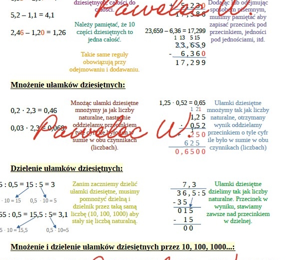 Ułamki dziesiętne - dodawanie, odejmowanie, mnożenie i dzielenie - plakat z wyjaśnieniem