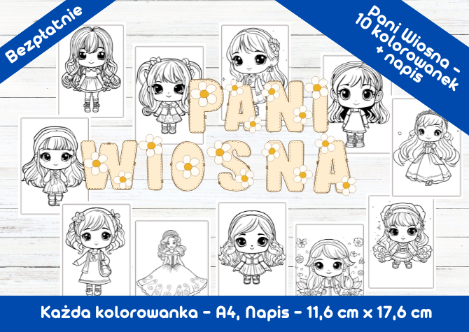 Pani Wiosna - kolorowanki i napis - praca palstyczna