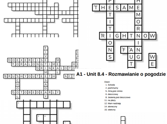 English Class A1 – Unit 8 – krzyżówki – Dyscypliny sportu/Out of class/8.3_8.6/Rozmawianie o pogodzie/Zdrowy styl życia