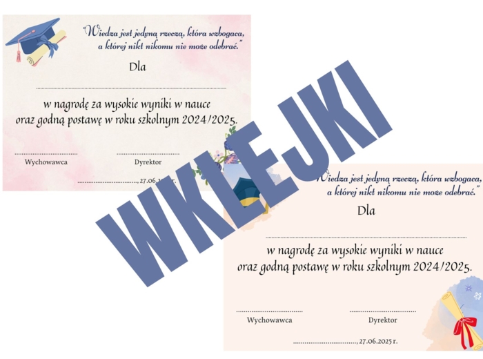 Wklejki do nagród na zakończenie roku szkolnego