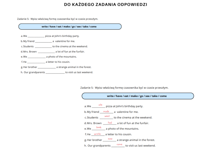 Gramatyka dla klasy 5, Język angielski. Zdania twierdzące Past Simple czasowniki regularne i nieregularne English Class A1+ Unit 6 Dodatkowe i różnorodne ćwiczenia powtórzenie