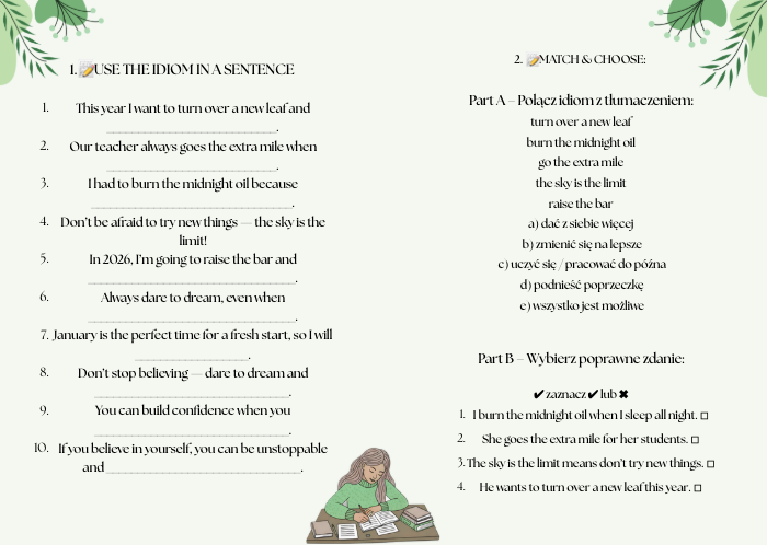 Mega Pakiet: NEW YEAR – NEW IDIOMS! 12 plansz z idiomami w w zestawie|Główna grafika XXL - plakat 4 xA4| Zestaw zawiera 2 zadania z idiomami oraz odpowiedzi