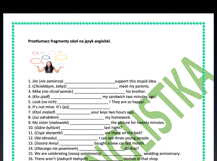 Tłumaczenie fragmentów zdań- MEGA POWTÓRKA PRZED EGZAMINEM ÓSMOKLASISTY- AŻ 100 ZDAŃ+ klucz