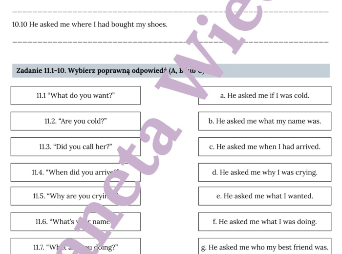 MOWA ZALEŻNA - E8– Zbiór zadań do egzaminu ósmoklasisty z języka angielskiego. Poziom A2/A2+ – 20 STRN ZADAŃ, zamiana zdań na mowę zależna, poprawna składnia, zmiany czasów, wypełnianie luk w tekście, tworzenie własnych zdań i historii + ODPOWIEDZI