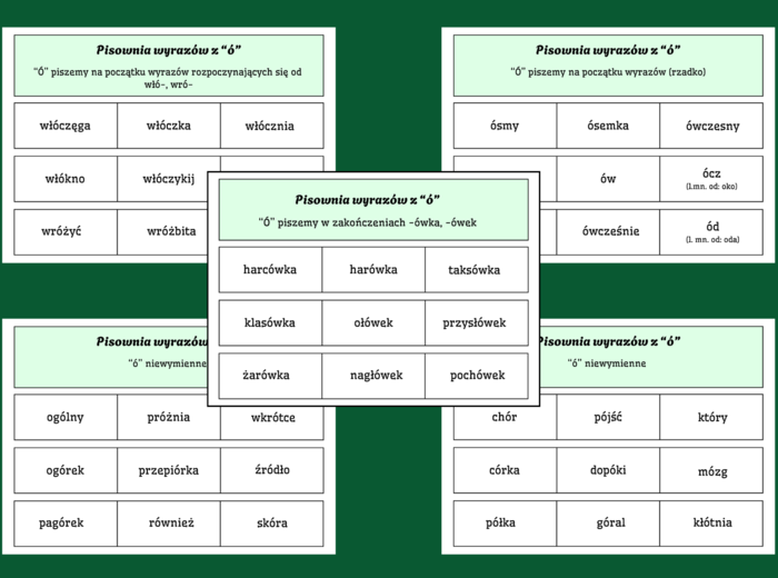 ORTOGRAFIA – wyrazy z „Ó” I "U"– zasady ortograficzne – FISZKI – 20 str. - ZESTAW