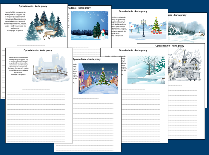 ZIMOWE OPOWIADANIE – 8 kart pracy – kl. 4-6 – ćwiczenia redakcyjne – miejsca - zima