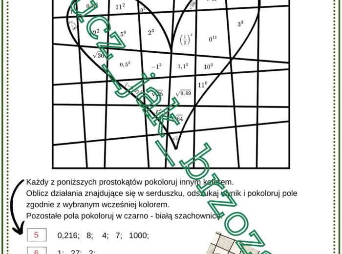 Potęgi i pierwiastki, karta pracy, rewalidacja, walentynki, klasa 7 - 8