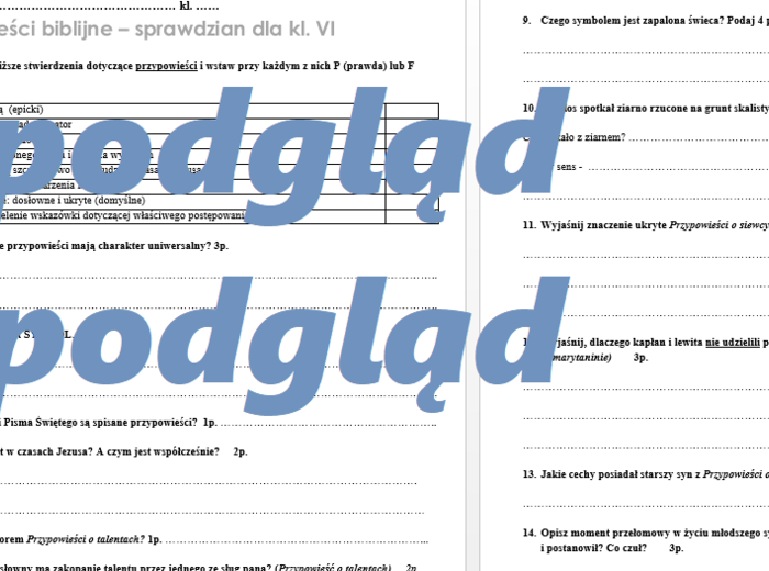Przypowieści biblijne - sprawdzian + klucz odpowiedzi