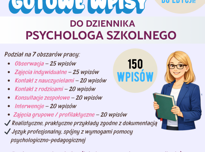 150 gotowych wpisów DZIENNIK PSYCHOLOGA SZKOLNEGO, gotowe tematy zajęć, inspiracje