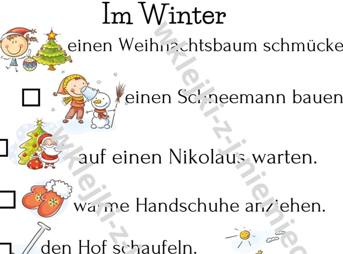 Wyzwania na zimę - język niemiecki - wklejka, karta pracy, plakat dla całej rodziny na lodówkę